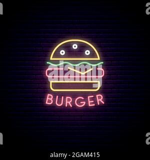 Cartello al neon di Burger. Emblema al neon cafe, banner luminoso. Disegno pubblicitario. Cartello con luce notturna. Illustrazione vettoriale. Illustrazione Vettoriale