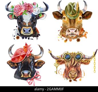 Illustrazione di un toro bruno a corna lunga con vetri steampunk, toro in corona di peonie, tori in cappello Foto Stock