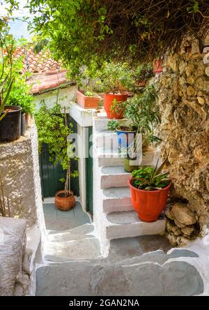 Strada stretta in Anafiotika, quartiere Plaka, Atene, Grecia. Plaka è un'attrazione turistica di Atene. Design paesaggistico di vicolo accogliente con gradini e piano Foto Stock