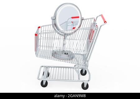 Carrello con specchio da trucco illuminato a LED con lente d'ingrandimento. Rendering 3D isolato su sfondo bianco Foto Stock