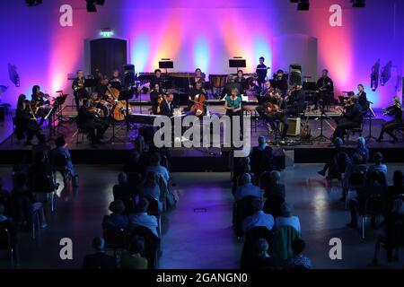 Wernigerode, Germania. 31 luglio 2021. I musicisti della Philharmonic Chamber Orchestra fanno musica nel Marstall. L'Orchestra Filarmonica da Camera ha aperto il 26° Festival dei Pap con il Trio Cristin Claas. Fino al 28.08.2021 si terranno concerti e spettacoli di opera in condizioni di Corona. In questo, il gioco 'la Tragödie de Carmen' sarà messo in scena. Il concerto di apertura si è tenuto quest'anno in una sala concerti a causa delle condizioni meteorologiche. Credit: Fahren/dpa-Zentralbild/ZB/dpa/Alamy Live News Foto Stock