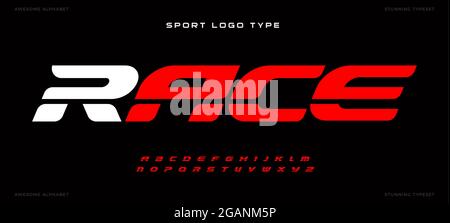 Alfabeto sportivo per corse, sport, titoli super eroi e logo auto o palestra. Lettere rosse in grassetto corsivo con linea per il cinema dinamico e il testo del poster Illustrazione Vettoriale