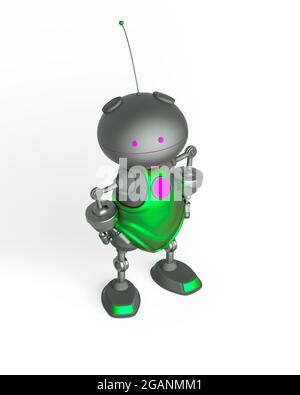 mini bot sta facendo una posa super eroe in bianco sfondo vista isometrica, illustrazione 3d Foto Stock