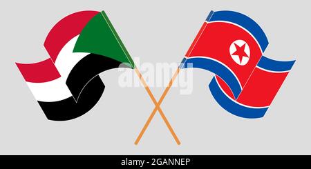Bandiere incrociate e sventolanti del Sudan e della Corea del Nord. Illustrazione vettoriale Illustrazione Vettoriale