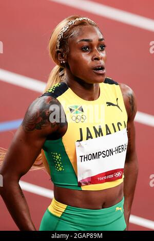 Tokyo, Giappone, 31 luglio 2021. Elaine Thompson-Herah del Team Giamaica vince la Semifinale da 100m femminile il giorno 8 dei Giochi Olimpici di Tokyo 2020. Credit: Pete Dovgan/Speed Media/Alamy Live News. Credit: Pete Dovgan/Speed Media/Alamy Live News Foto Stock