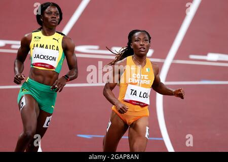 Tokyo, Giappone, 31 luglio 2021. Marie-Josee Ta Lou del Team Costa d'Avorio vince la Semifinale da 100m delle sue Donne il giorno 8 dei Giochi Olimpici di Tokyo 2020. Credit: Pete Dovgan/Speed Media/Alamy Live News. Credit: Pete Dovgan/Speed Media/Alamy Live News Foto Stock