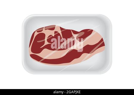 Vista dall'alto della bistecca di manzo crudo nella confezione con vassoio in plastica sottovuoto. Pezzo fresco di prodotto a fette di carne. Disegno vettoriale e di illustrazione Illustrazione Vettoriale