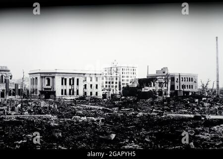 Hiroshima, Giappone, 31/10/19.Fotografia del bombardamento atomico distrutto della città di Hiroshima il 6 agosto 1945, mostra del Museo della Pace di Hiroshima Foto Stock