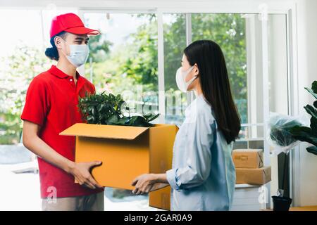 Il deliveryman asiatico che indossa maschera faccia riceve o transita e consegna pianta di piccolo albero, SME di negozio di albero e comincia a lavorare Foto Stock