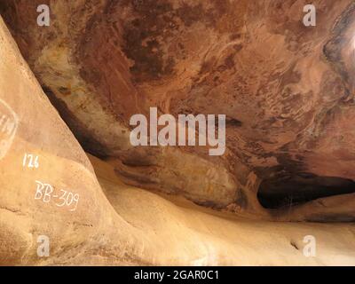 Caverna mal tempo con dipinti animali (cavallo, elefante?) Nella metà inferiore del telaio, Bhimbetka rifugio roccia, Madhya Pradesh, India Foto Stock