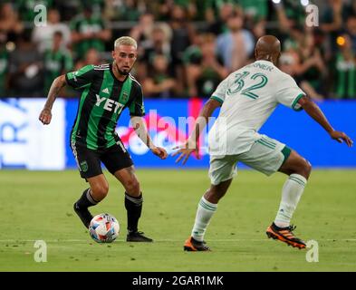 31 luglio 2021: Austin FC Forward Diego Fagundez (14) muove il pallone durante una partita di calcio della Major League tra Austin FC e Colorado Rapids il 31 luglio 2021 ad Austin, Texas. Colorado Rapids ha vinto 1-0. (Credit Image: © Scott Coleman/ZUMA Press Wire) Foto Stock