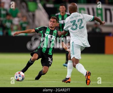 31 luglio 2021: Il centrocampista del Austin FC Hector Jimenez (16) passa la palla durante una partita di calcio della Major League tra il Austin FC e le rapide del Colorado il 31 luglio 2021 ad Austin, Texas. Colorado Rapids ha vinto 1-0. (Credit Image: © Scott Coleman/ZUMA Press Wire) Foto Stock