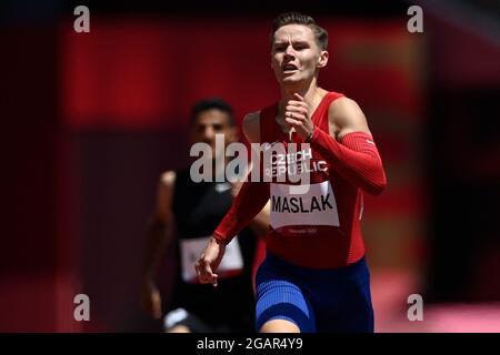 Tokyo, Giappone. 01 agosto 2021. L'atleta ceco Pavel Maslak frequenta il calore maschile di 400 m (qualifica) durante le Olimpiadi estive di Tokyo 2020, il 1° agosto 2021, a Tokyo, Giappone. Credit: Ondrej Deml/CTK Photo/Alamy Live News Foto Stock