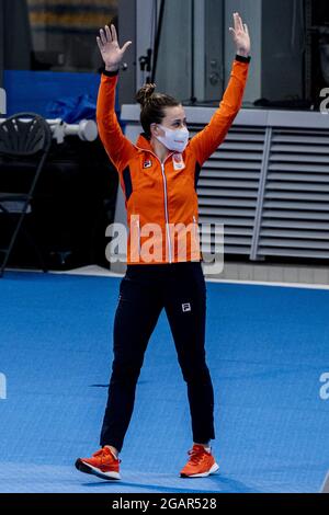 TOKYO, GIAPPONE - LUGLIO 30: Inge Jansen dei Paesi Bassi in gara durante LE IMMERSIONI FEMMINILI - 3 METRI DI PROVA A BORDO DI UNA TRAMPOLINO al Tokyo 2020 Foto Stock