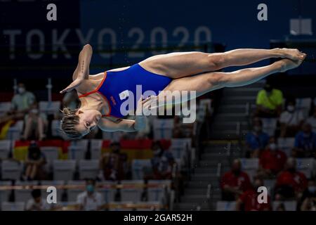 TOKYO, GIAPPONE - LUGLIO 30: Inge Jansen dei Paesi Bassi in gara durante LE IMMERSIONI FEMMINILI - 3 METRI DI PROVA A BORDO DI UNA TRAMPOLINO al Tokyo 2020 Foto Stock