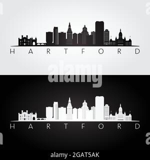 Hartford, skyline degli Stati Uniti e linee di riferimento, design in bianco e nero, illustrazione vettoriale. Illustrazione Vettoriale