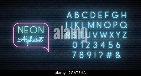 Carattere blu neon. Alfabeto inglese e segni numerici. Lettere luminose su parete scura. Modello vettore. Illustrazione Vettoriale