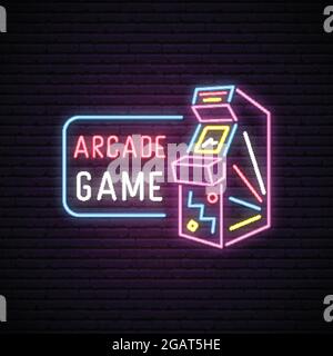 Segno al neon della macchina di gioco Arcade. Emblema di intrattenimento al neon, banner luminoso. Disegno pubblicitario. Cartello con luce notturna. Illustrazione vettoriale. Illustrazione Vettoriale