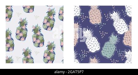 Collezione di motivi senza giunture con frutti tropicali di ananas, illustrazione vettoriale. Estate ananas esotici frutta decorativa infinite stampe ripetibili Illustrazione Vettoriale