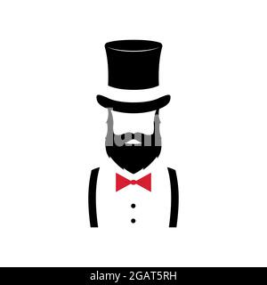 Ritratto minimalista dell'uomo con barba, cappello in stile antico e cravatta ad arco. Signore. Illustrazione vettoriale. Illustrazione Vettoriale