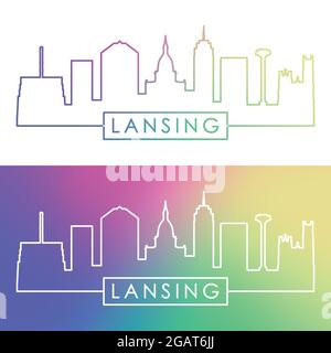 Skyline di Lansing. Stile lineare colorato. File vettoriale modificabile. Illustrazione Vettoriale