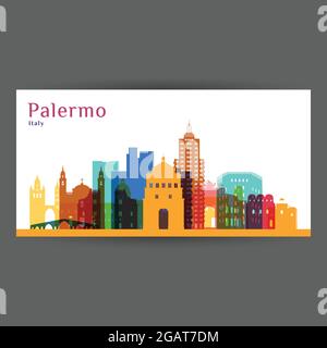 Palermo città architettura silhouette. Skyline colorato. City Flat design. Biglietto da visita vettoriale. Illustrazione Vettoriale