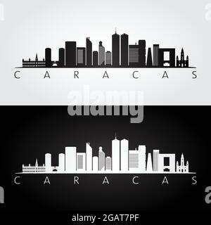 Skyline di Caracas e linee di riferimento, design in bianco e nero, illustrazione vettoriale. Illustrazione Vettoriale