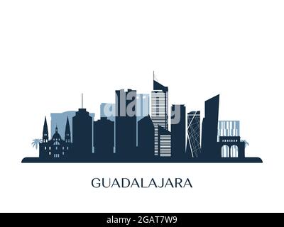 Skyline di Guadalajara, silhouette monocromatica. Illustrazione vettoriale. Illustrazione Vettoriale