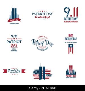 Set di varie grafiche, carte e banner, emblemi, simboli, icone e badge per il Patriot Day. Illustrazioni patriottiche USA per il 11 settembre anniversario. Illustrazione Vettoriale