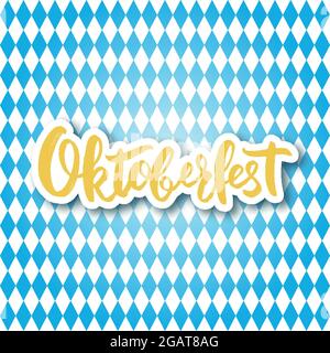 Scritta a mano Oktoberfest su sfondo rombico blu e bianco. Illustrazione vettoriale. Illustrazione Vettoriale