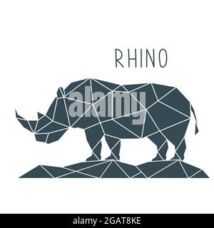 Illustrazione poligonale di Rhino. Poster geometrico con animali selvatici e scritte. Modello di disegno vettoriale. Illustrazione Vettoriale