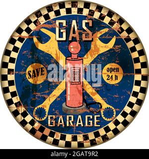 Vintage Route 66 officina garage e stazione di benzina segno, grugia e gli agenti atmosferici, illustrazione vettoriale Illustrazione Vettoriale