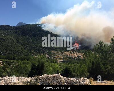 Antalya. 1 agosto 2021. Un incendio nella foresta brucia vicino alla città di Manavgat, ad est della città di Antalya, Turchia, 31 luglio 2021. La Turchia è sotto lo shock di incendi boschivi senza precedenti che hanno ucciso quattro persone e ferito decine di altre nelle sue province costiere turistiche meridionali, mentre le autorità stanno indagando sulle accuse di sabotaggio. Credit: Xinhua/Alamy Live News Foto Stock