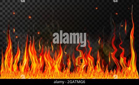 Fiamme e fumo con scintille di fuoco su sfondo trasparente per l'uso in illustrazioni scure. Una parete orizzontale di fuoco. La trasparenza è solo nella vec Illustrazione Vettoriale