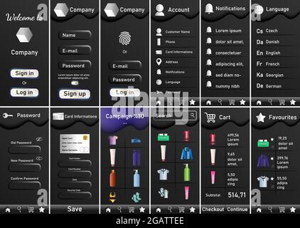 Set di schermi neri UI, UX, app Shopping modello di design piatto per kit IOS UI. Dashboard acquisti. Design dell'interfaccia utente mobile dell'app per lo shopping in nero. Illustrazione Vettoriale