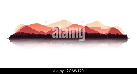 Paesaggio con sagome di montagne, foreste, cervi, lupi e aquile in colori autunnali. Vista panoramica con riflessi. Illustrazione vettoriale. Illustrazione Vettoriale
