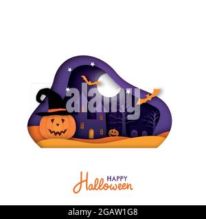 Biglietto d'auguri per la vacanza di Halloween in stile taglio di carta. Banner di zucca Origami. Illustrazione vettoriale. Illustrazione Vettoriale