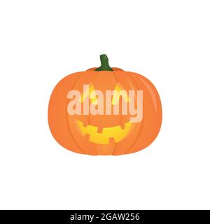 Zucca vettoriale di Halloween con candela all'interno, isolata su sfondo bianco. Faccia felice della zucca per Halloween. Illustrazione Vettoriale