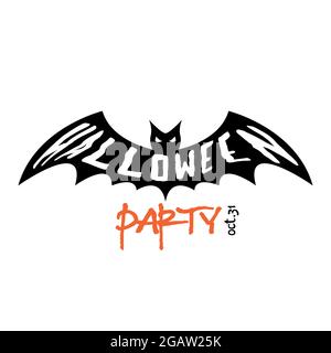 Happy Halloween party flyer design. Texte sur Halloween sulla silhouette flying bat. Illustrazione vettoriale. Illustrazione Vettoriale