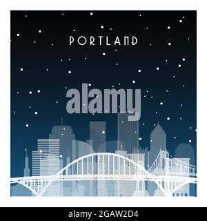 Notte invernale a Portland. Notte città in stile piatto per banner, poster, illustrazione, sfondo. Illustrazione Vettoriale