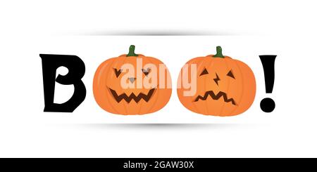 Halloween party flyer design. Iscrizione stilizzata BOO con zucca. Modello di disegno vettoriale. Illustrazione Vettoriale