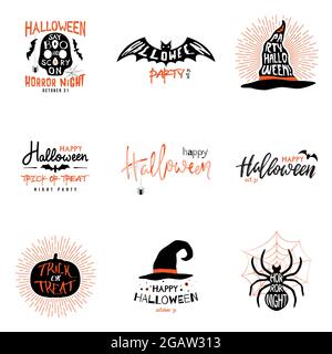 Happy Halloween overlay, etichette scritte set di design. Emblema isolato con citazione Trick o Treat. Badge per la festa di Halloween. Clipart vettoriali Illustrazione Vettoriale
