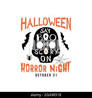 Halloween party flyer design. Il testo dice Boo e spaventoso sul testo nella silhouette del cranio. Illustrazione vettoriale. Illustrazione Vettoriale
