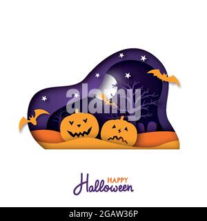 Felice biglietto d'auguri di arte della carta di Halloween. Carta taglio Halloween disegno. Illustrazione vettoriale. Illustrazione Vettoriale