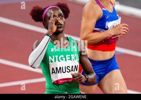 TOKYO, GIAPPONE - 1 AGOSTO: TOBI Amusan della Nigeria in competizione con la semifinale da 100m Hurdles delle donne durante i Giochi Olimpici di Tokyo 2020 allo Stadio Olimpico il 1 agosto 2021 a Tokyo, Giappone (Foto di Yannick Verhoeven/Orange Pictures) Foto Stock