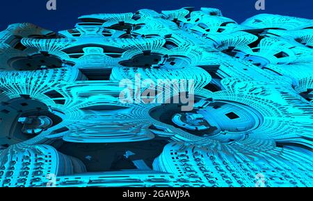 rendering 3d, sfondo fantascientifico di particelle incandescenti con profondità di campo. Le particelle formano la linea e la griglia di superficie. Microcosmo o spazio Foto Stock