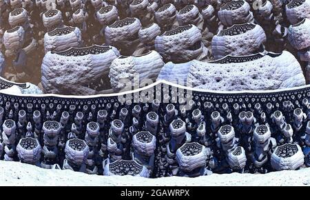Rocce lunghe e affilate situate in un cerchio, le punte sono chiare, rendering 3D. Foto Stock