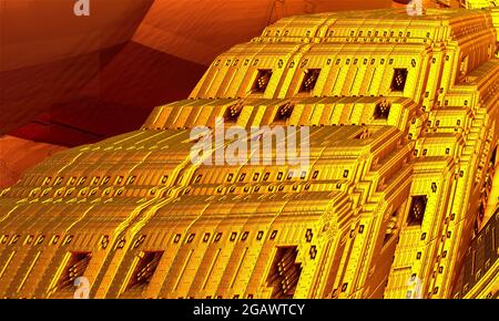 concetto fantascientifico di un astronauta in piedi su una roccia enorme guardando al pianeta acido, stile arte digitale, rendering 3d. Foto Stock