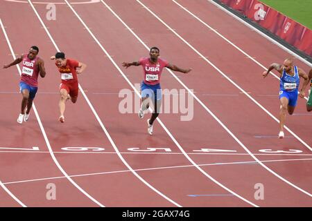 Ronnie Baker (USA), Bingtian su (CHN), Fred Kerley (USA), Lamont Marcell Jacobs (ITA), finale maschile di 100 m durante i Giochi Olimpici di Tokyo 2020, Atletica, il 1 agosto 2021 allo Stadio Olimpico di Tokyo, Giappone - Foto Yoann Cambefort / Marti Media / DPPI Foto Stock