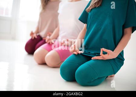 Tre giovani donne sane felici in lungo sport bodysuits che eseguono yoga asana insieme durante una formazione abbastanza meditativa o una lezione di yoga di gruppo, isolare Foto Stock